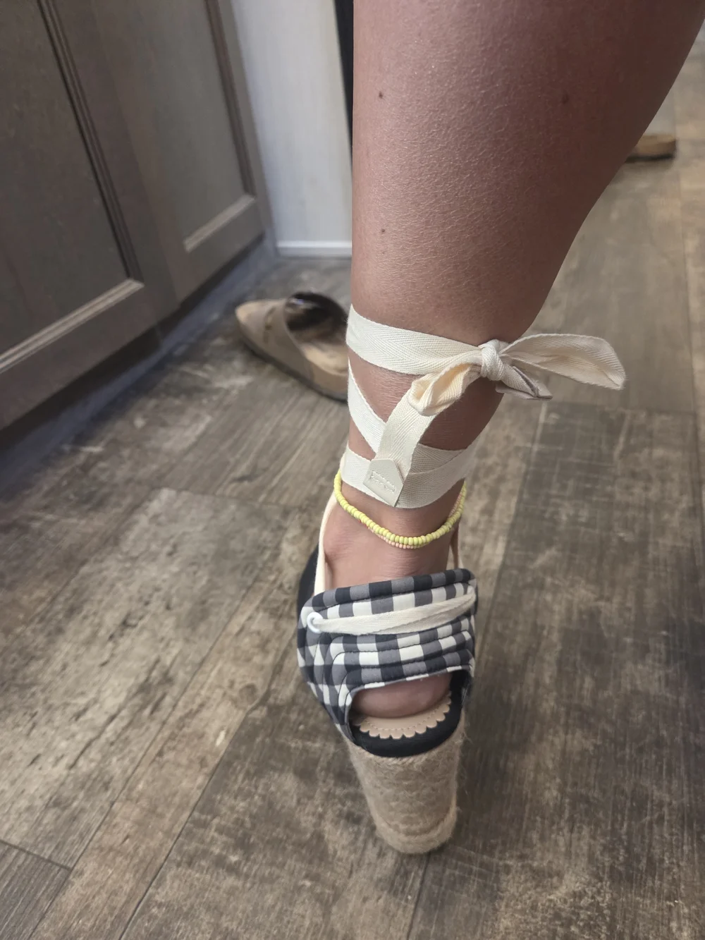 Draper James Black Canvas Espadrille Wedge with Cream Ankle Wrap